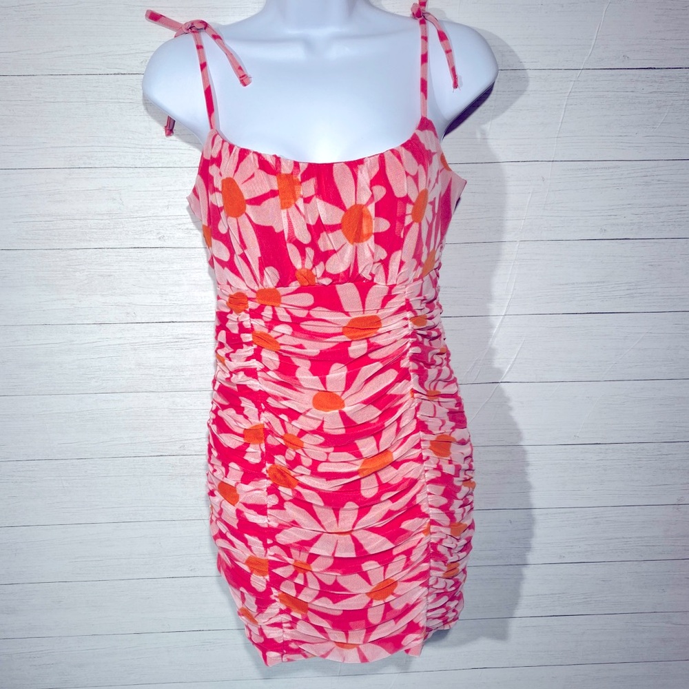 Crystal Doll mini dress women’s Large bodycon pink orange white flowers Easter